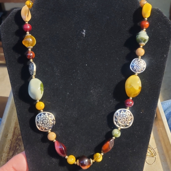 Vintage Boho Style Necklace Multicolored Beads Sunburst Coin Accents 23” Length - Picture 2 of 4